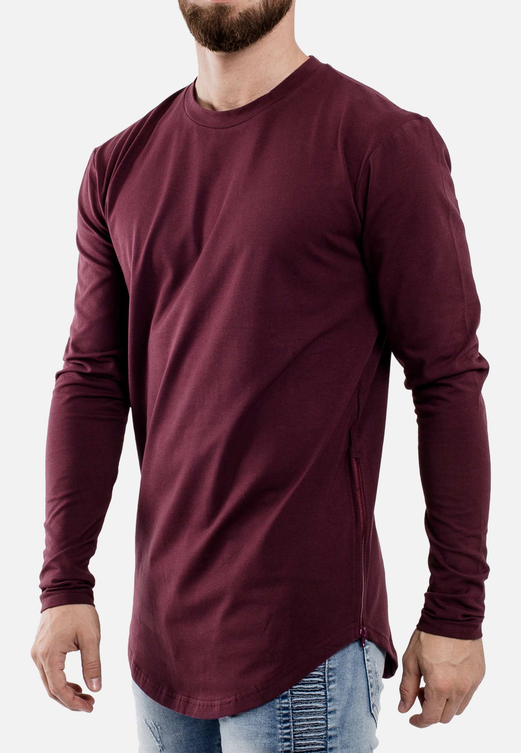 Side Zip Long Sleeve Longline T-Shirt Burgundy - Blackskies Online Shop ...