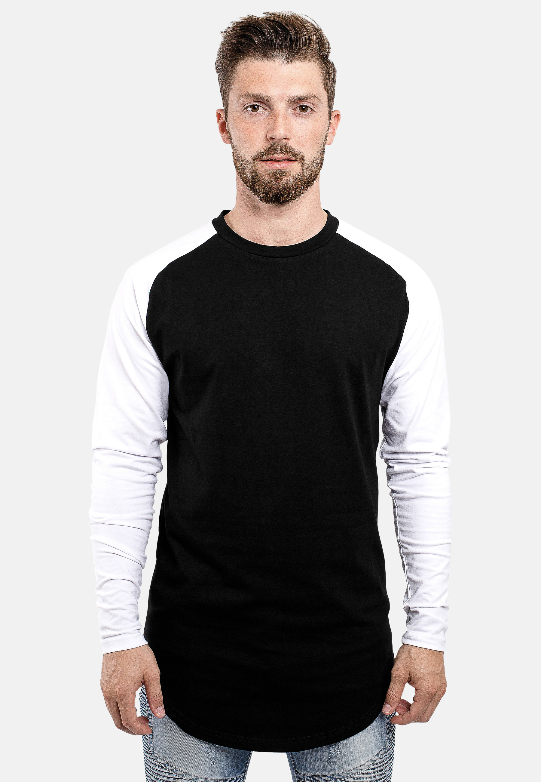 Blackskies Baseball Long Sleeve Mens T-Shirt S M L XL Curved Oversized Fashion Longline Basic Raglan L/S Long Tee 