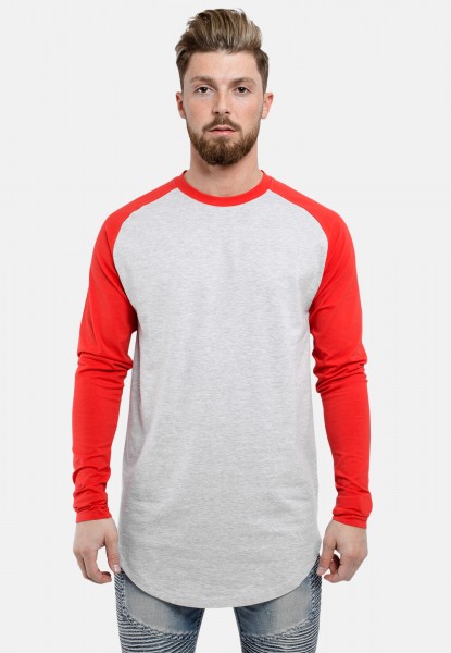 Camiseta de béisbol de manga larga gris ceniza rojo