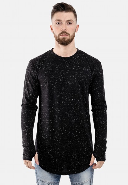 Round Long Sleeve Longline T-Shirt Black Melange