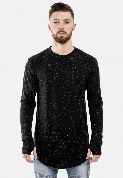 Round Langarm Longshirt T-Shirt Schwarz Melange