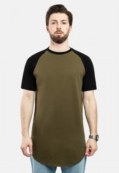 T-shirt à manches courtes de type baseball rond et long Olive-Noir