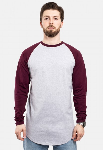Baseball Longshirt T-Shirt Aschgrau-Burgundy