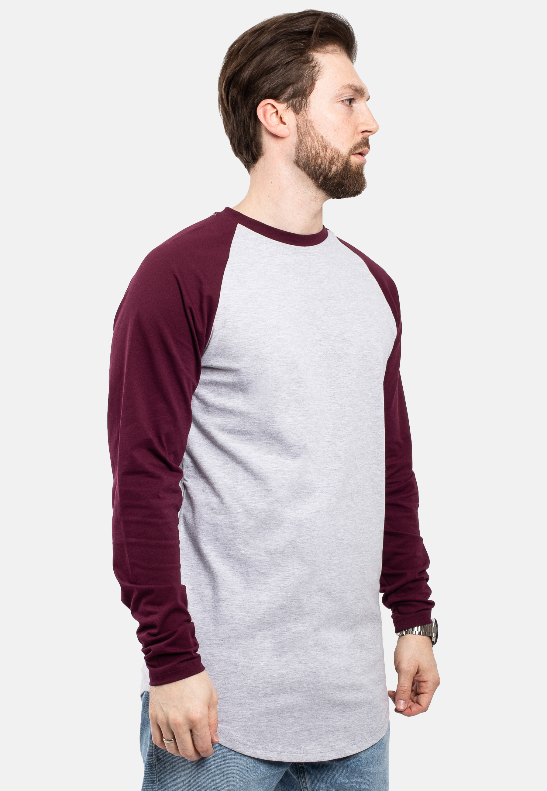 grey and maroon baseball tee