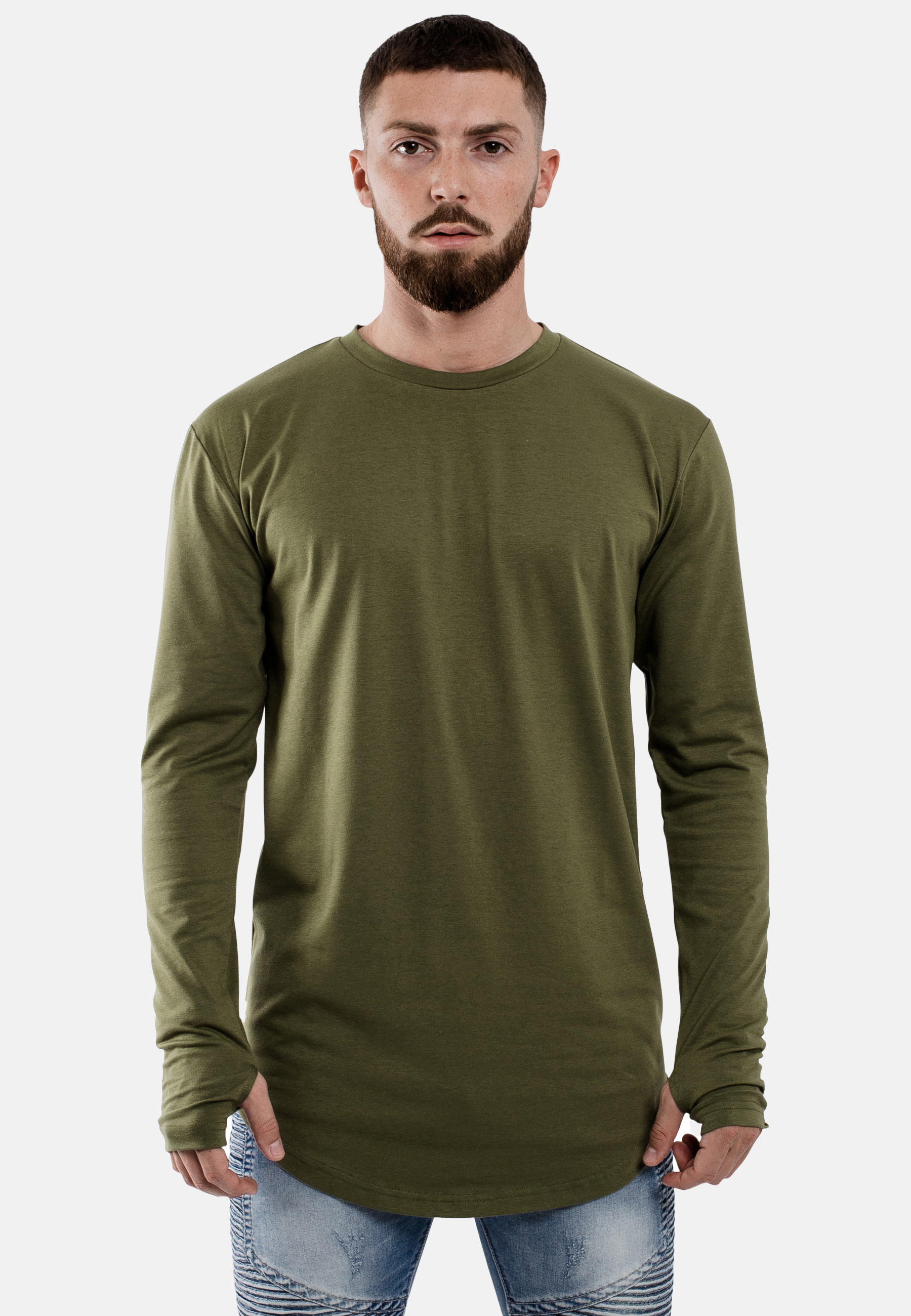 Round Long Sleeve Longline T-Shirt Olive - Blackskies Online Shop ...