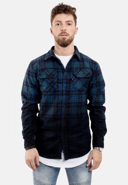 Regular-Fit Long Sleeve Plaid Flannel Shirt Ombre Blue-Green-Black Dip Dye