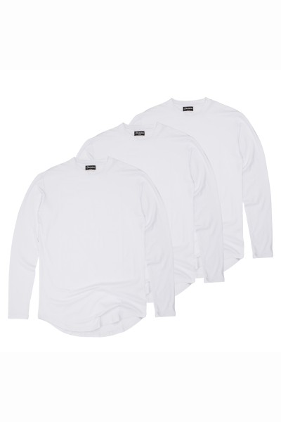3x Pack Round Longline Long Sleeve T-Shirt L/S White
