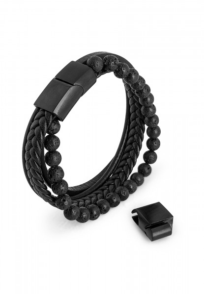 Pulsera de cuero con cuentas Bellum Negro mate - Negro