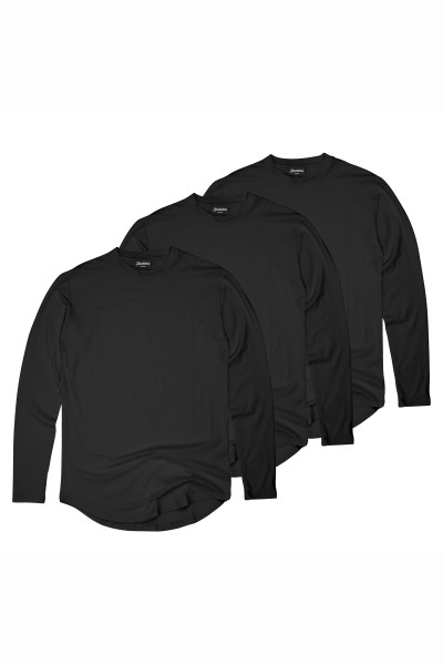 3x Pack Round Langarm Longshirt T-Shirt - Schwarz