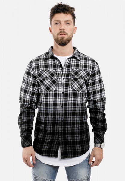 Regular-Fit Long Sleeve Plaid Flannel Shirt Ombre Black-White Dip Dye